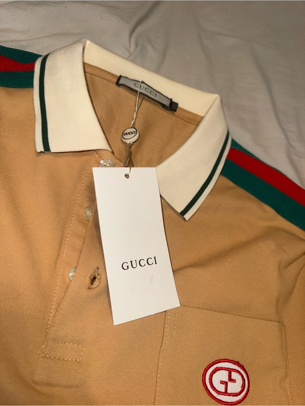Gucci Men’s Beige Polo with Green-Red Shoulder Stripe and White Collar